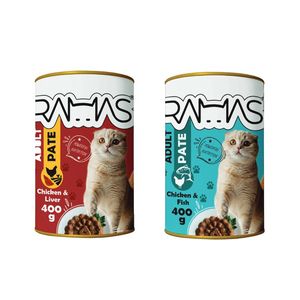 کنسرو غذای گربه راماس مدل مرغ ماهی و مرغ جگر وزن 400 گرم مجموعه 2 عددی